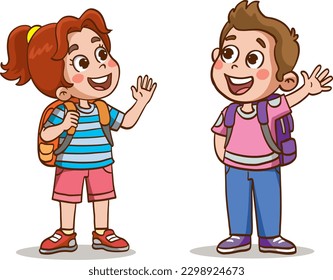 little kid say hello to friend and go to school together