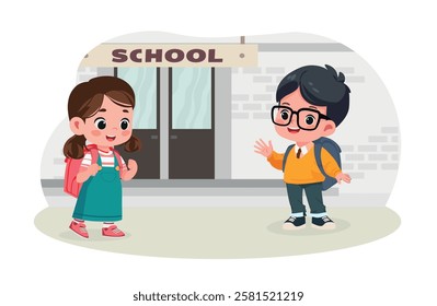 little kid say hello to friend and go to school together