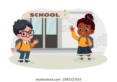 little kid say hello to friend and go to school together