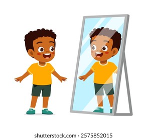 little kid see to mirror for dressing process