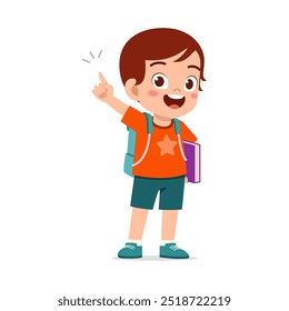 little kid showing pointing hand gesture and wearing backpack