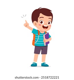 little kid showing pointing hand gesture and wearing backpack