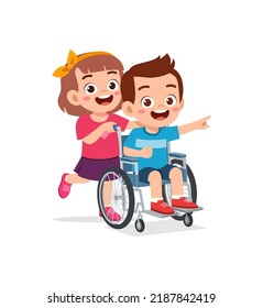 little kid sit on wheelchair with friend and feel happy