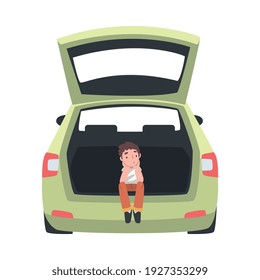 Little Kid Sitting In Car Trunk Taking Picture Vector Illustration