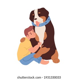 Little kid sitting with huge friendly dog. Happy child hugging with cute pet. Friendship between boy and animal. Colored flat vector illustration isolated on white background