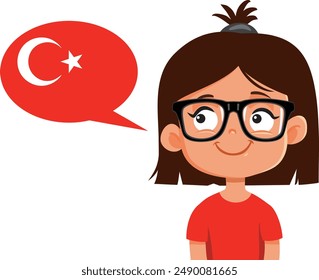 
Little Kid Speaking Turkish Language Vector Cartoon. Schoolgirl learning pronunciation and foreign language skills 
