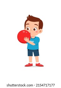 little kid standing and blowing a balloon