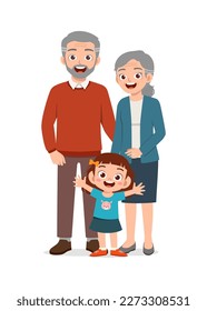 little kid standing with grandparent and feel happy