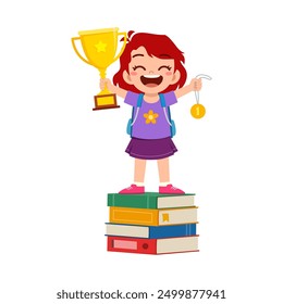 little kid standing and holding book and golden trophy