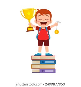 little kid standing and holding book and golden trophy