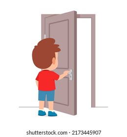 Little Kid Standing And Holding Door Knob