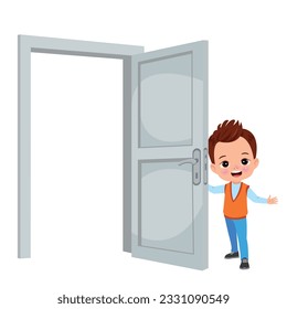 little kid standing and holding door knob