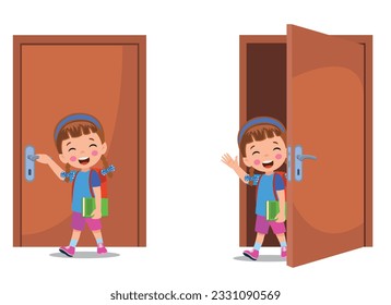 little kid standing and holding door knob