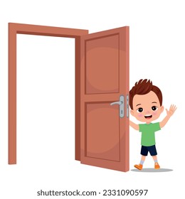 little kid standing and holding door knob