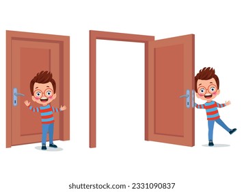 little kid standing and holding door knob