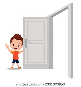 little kid standing and holding door knob