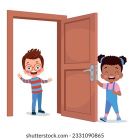 little kid standing and holding door knob