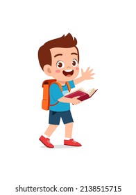 little kid standing and reading a story book