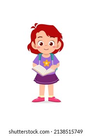 little kid standing and reading a story book