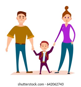 Little kid stands with heavy daddy and slim mom and keeps hands vector illustration. Small school boy with knapsack, love in family concept
