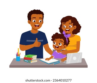 little kid study with father and mother