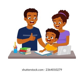 little kid study with father and mother