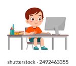 little kid study on desk and do e-learning