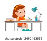 little kid study on desk and feel sad