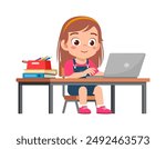 little kid study on desk and do e-learning