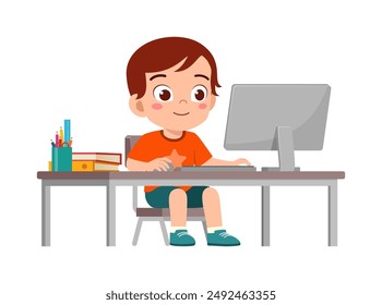 little kid study on desk and do e-learning