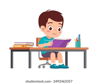 little kid study on desk and feel happy