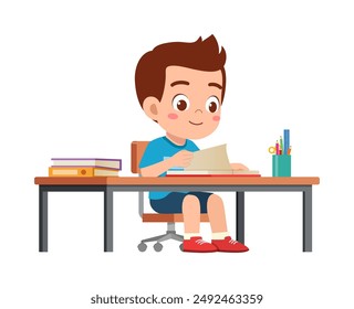 little kid study on desk and feel happy