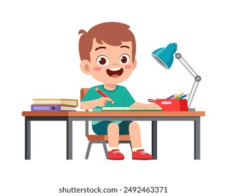 niño pequeño estudiar en el escritorio y sentirse feliz