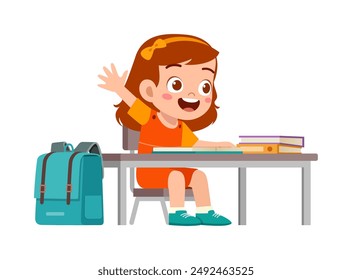 little kid study on desk and raise hand to answer question