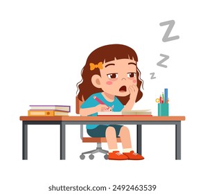 little kid study on desk and feel sleepy