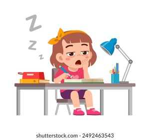 little kid study on desk and feel sleepy