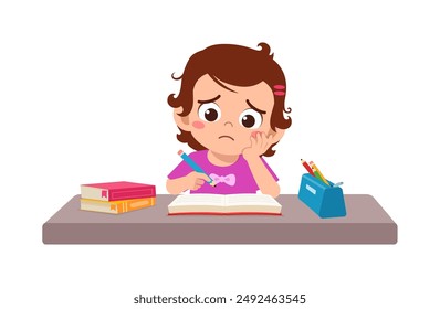 little kid study on desk and feel sad