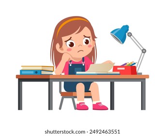 little kid study on desk and feel sad