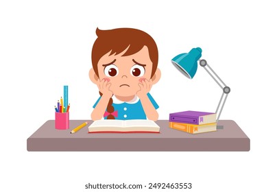 little kid study on desk and feel sad
