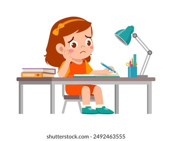 little kid study on desk and feel sad