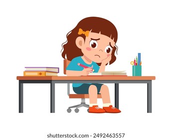 little kid study on desk and feel sad