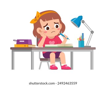 little kid study on desk and feel sad