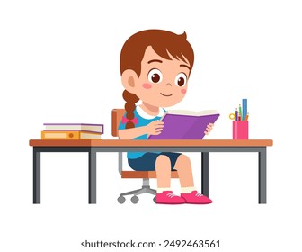 little kid study on desk and feel happy