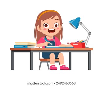 little kid study on desk and feel happy