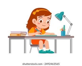 little kid study on desk and feel happy