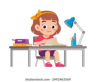 little kid study on desk and feel happy