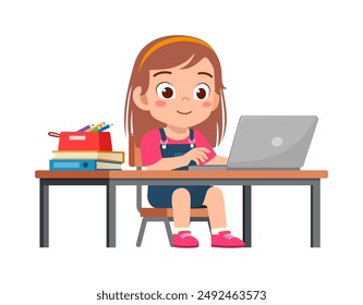 little kid study on desk and do e-learning