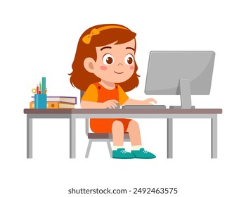 little kid study on desk and do e-learning