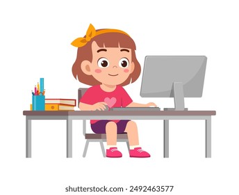 little kid study on desk and do e-learning