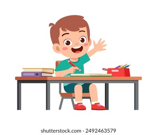 little kid study on desk and raise hand to answer question